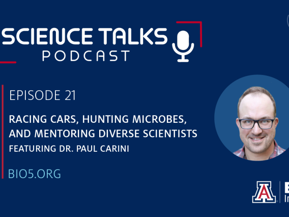 Science Talks Podcast with white microphone on a dark blue background, surrounded by white icons representing various science fields/tools
