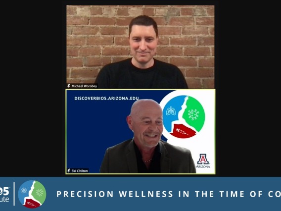 Two men in a Zoom interface with a bottom banner reading, "BIO5 Institute - Precision Wellness in the Time of COVID-19"