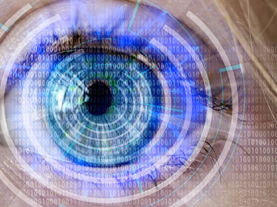 Blue eye with binary code overlay