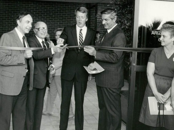 From left: Sydney E. Salmon, MD; University of Arizona President Henry Koffler; Arizona Gov. Bruce Babbit and Vincent Fulginiti, MD