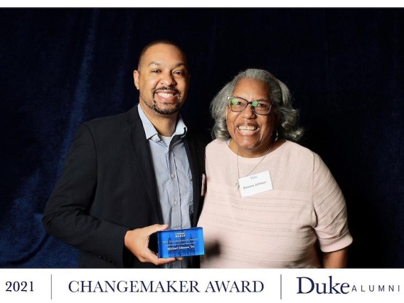 Dr. Michael Johnson and his mom, Barbara Johnson, at the Duke University Alumni awards ceremony, where Dr. Johnson received the Changemaker Award.