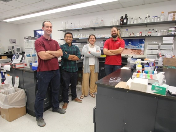 From left: UArizona researchers Cameron Malloy, a chemical engineering graduate student; Suchol Savagatrup, assistant professor of chemical and environmental engineering; Vicky Karanikola, assistant professor of chemical and environmental engineering; and Jack Welchert, a biosystems engineering graduate student.