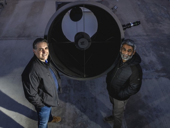 Roberto Furfaro (left), professor of systems and industrial engineering, and Vishnu Reddy, professor of planetary sciences, at the Biosphere 2 Space Domain Awareness Observatory.