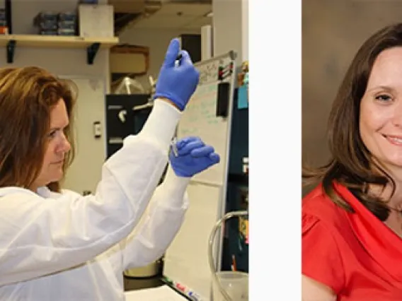 Women on the left in a lab coast pipette and on the right a woman poses in a red shirt