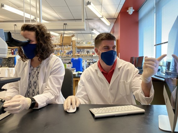 Two scientists wearing masks, lab coats and gloves work side-by-side