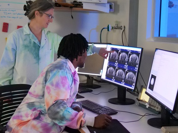 A researcher pointing at a computer with images of brain scans teaching a student