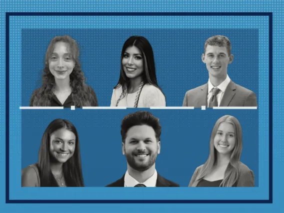 Grayscale headshots of six BIO5 Ambassadors with the institute for the internship on the upper lefthand side