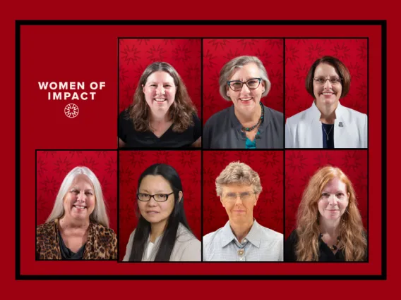 Promotional image titled 'Women of Impact' featuring eight individuals in formal attire against backgrounds with a red maple leaf pattern.