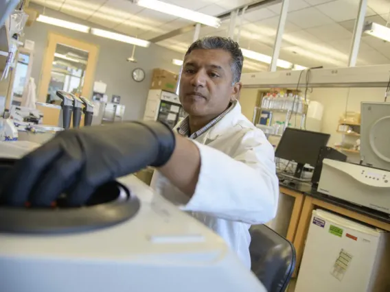 A scientist in a white lab coat working with equipment in a laboratory.