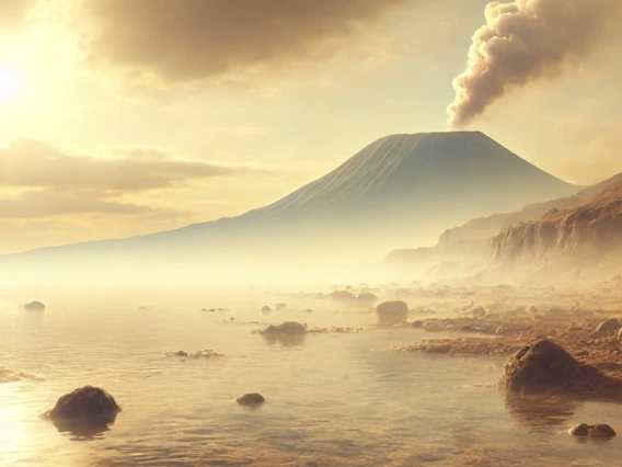 In this AI-generated illustration of Earth at the dawn of life, a distant volcano towers over shallow pools of water. It is possible the earliest life forms evolved in such environments.