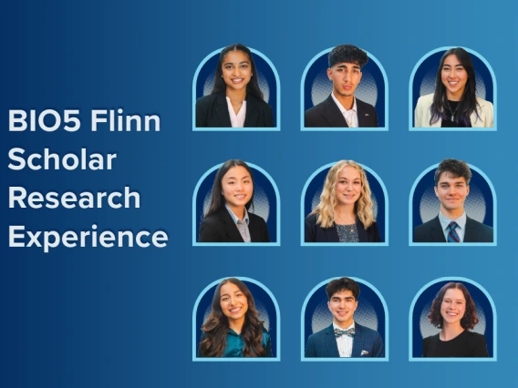 Headshots of nine people with the words "BIO5 Flinn Scholar Research Experience"