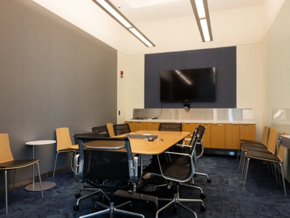 Modern conference room featuring a large table with chairs, a flat-screen TV on the wall, and cabinetry. The room has blue carpet and is well-lit with natural and ambient lighting.