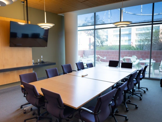 Modern conference room with a large table surrounded by chairs, a flat-screen TV on the wall, and large windows overlooking an outdoor area.