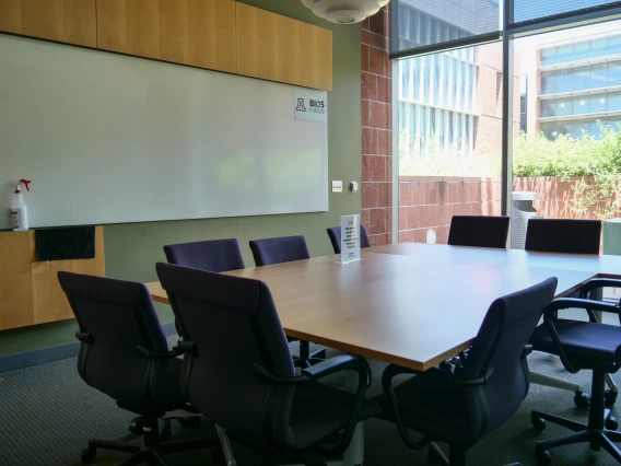A conference room featuring a large table with several chairs, a whiteboard, and a wall-mounted screen displaying the logo of BIO5. The room has brick walls and large windows allowing natural light.