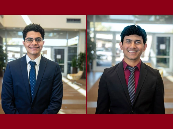 Two professional portraits of individuals in business attire, smiling in an indoor setting with a blurred background.