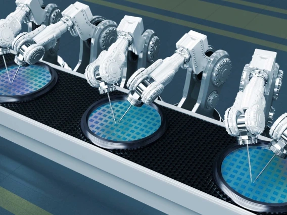 A line of robotic arms engaged in precision work on semiconductor wafers on an assembly line.