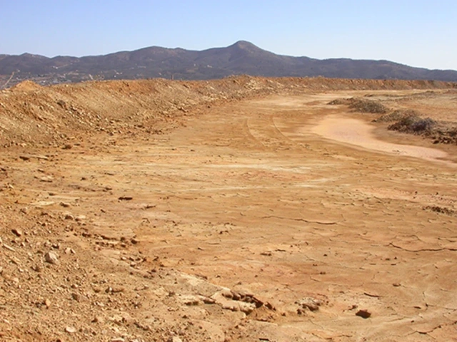 Desert landscape with a winding dirt road, sparse vegetation, and distant mountains under a clear blue sky.
