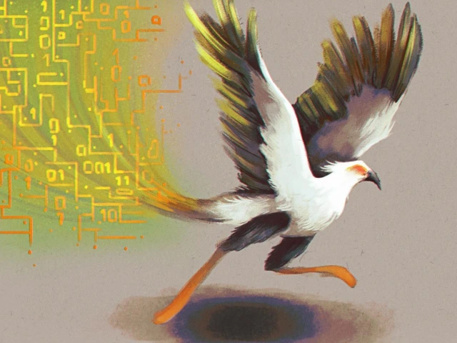 Illustration of a Secretary Bird in mid-stride against a backdrop featuring abstract digital circuit patterns.