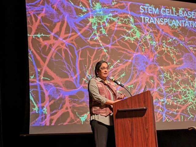 A woman is standing at a podium with a colorful background on the screen behind her.