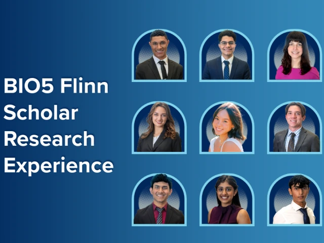 Nine individuals with professional attire are shown in separate arched frames against a blue background. The text on the left reads, "BIO5 Flinn Scholar Research Experience.