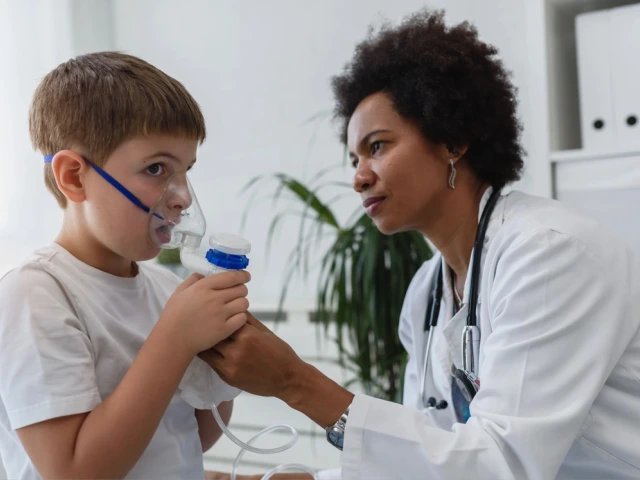 A healthcare professional attentively assists a child using an oxygen mask in a medical setting.