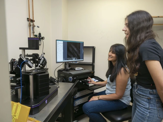 Two people in a laboratory setting are engaged with microscopy equipment on a desk. 