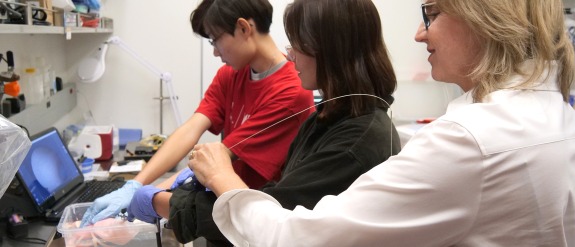 A researcher working with 2 students in a lab