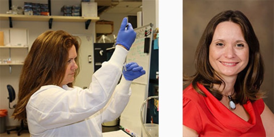 Women on the left in a lab coast pipette and on the right a woman poses in a red shirt