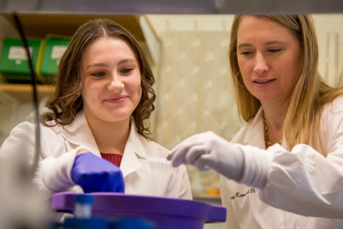 Casey Romanoski works with a graduate student in her lab