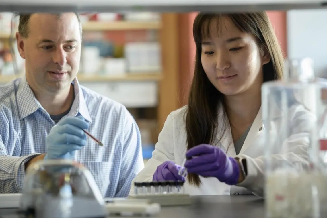 John G. Purdy, PhD (left), associate professor of immunobiology, with Yuecheng Xi, PhD, then a postdoctoral researcher with the Purdy Lab