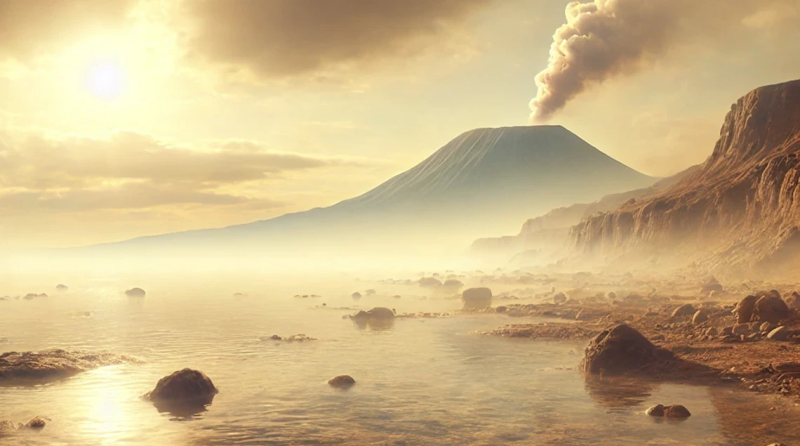 In this AI-generated illustration of Earth at the dawn of life, a distant volcano towers over shallow pools of water. It is possible the earliest life forms evolved in such environments.