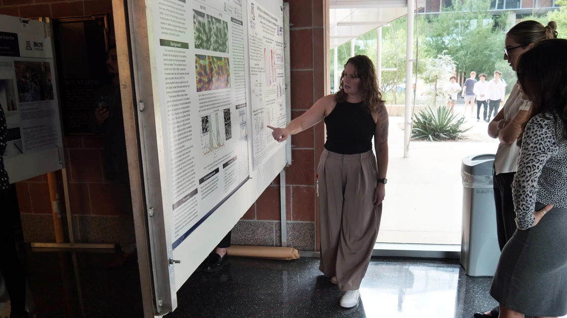 Person points at scientific poster as two others listen attentively