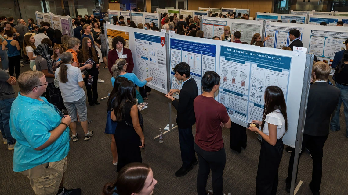 People presenting and viewing research posters at a conference event.