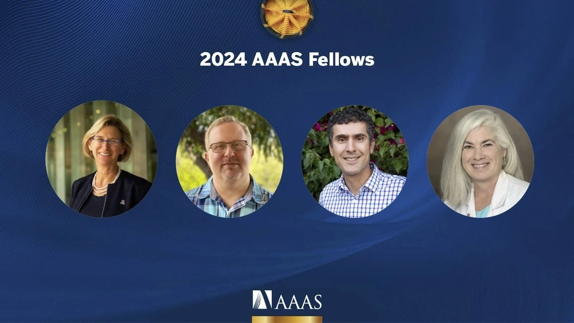 Promotional banner featuring four 2024 AAAS Fellows, each displayed within their own circular frame against a blue background.