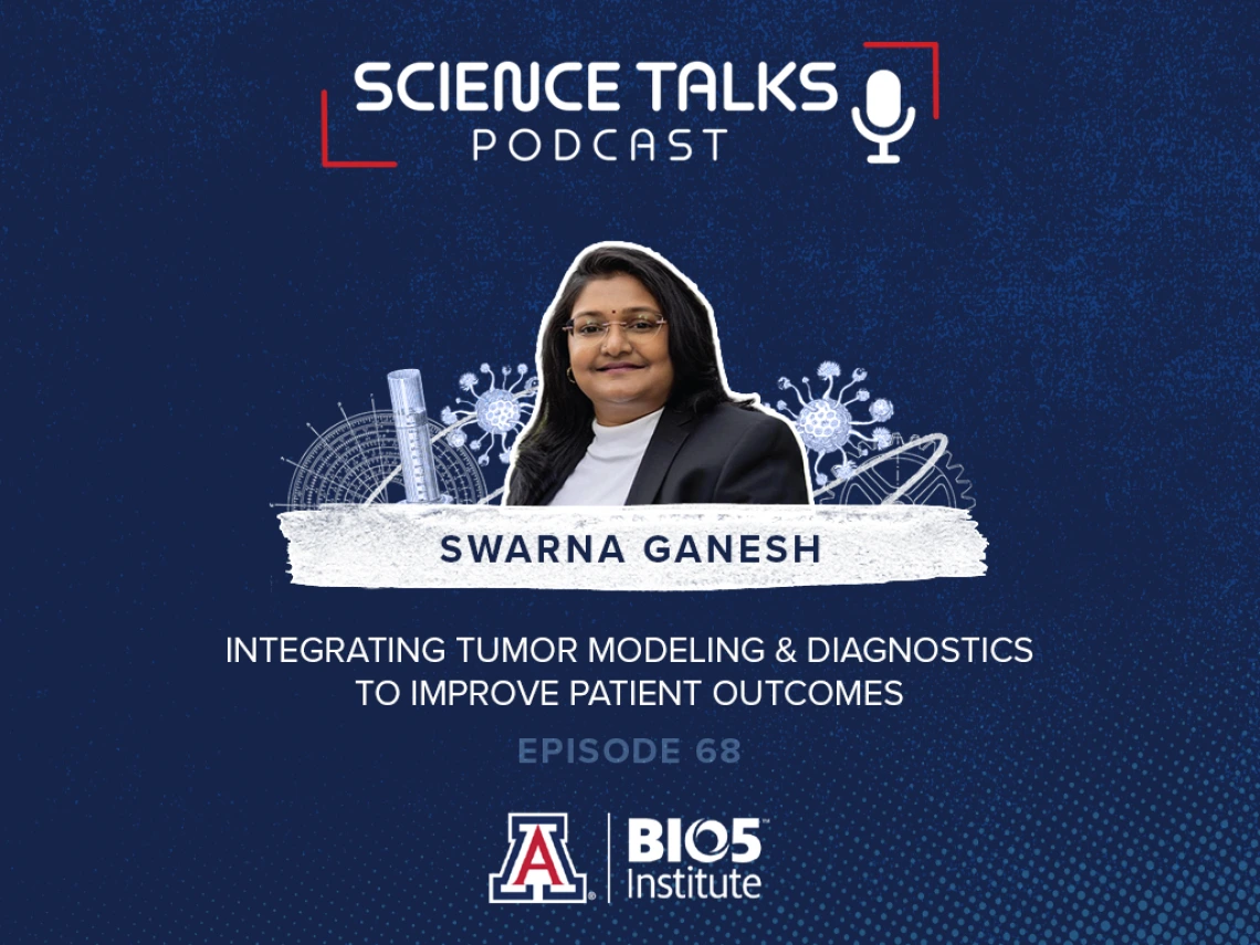 Promotional image for "Science Talks Podcast, Episode 68" featuring Swarna Ganesh discussing tumor modeling and diagnostics at BIO5 Institute, University of Arizona.