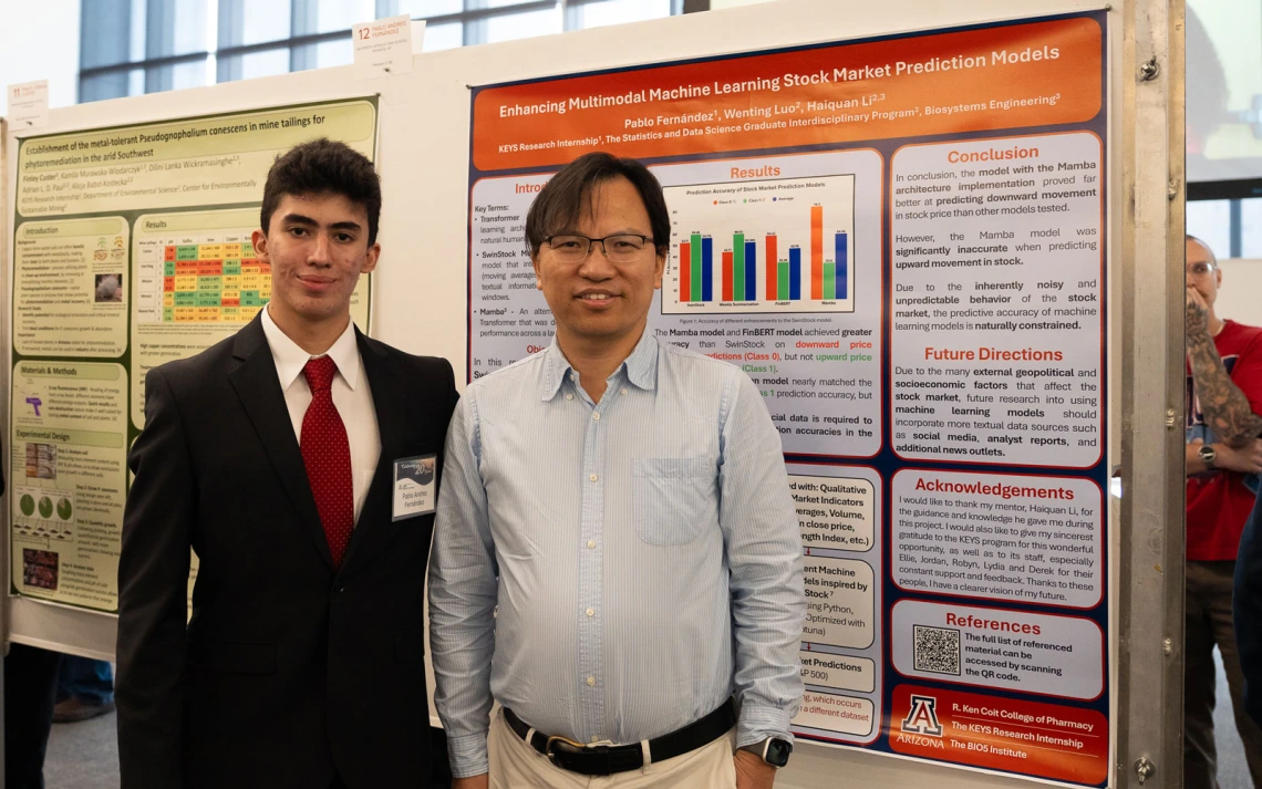 Two individuals stand in front of a scientific poster presentation. 
