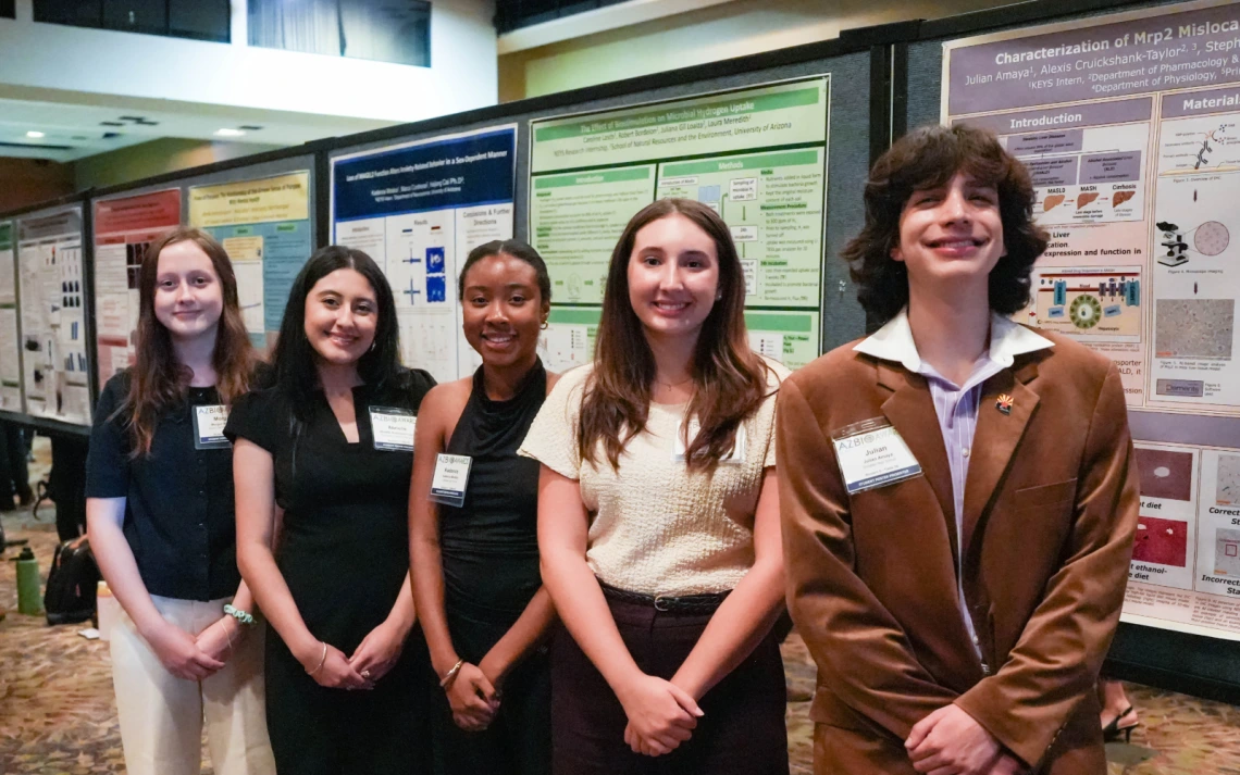 Morgan Mollberg, Abrielle Anchondo-Leyva, Kadence Modica, Caroline Lasch, and Julian Amaya pose in front of their research posters at the Student Discovery Zone.
