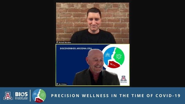 Two men in a Zoom interface with a bottom banner reading, "BIO5 Institute - Precision Wellness in the Time of COVID-19"