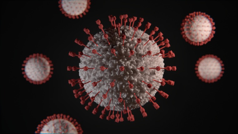 Rendition of corona virus, white cell with red spike protein surround them, against black background