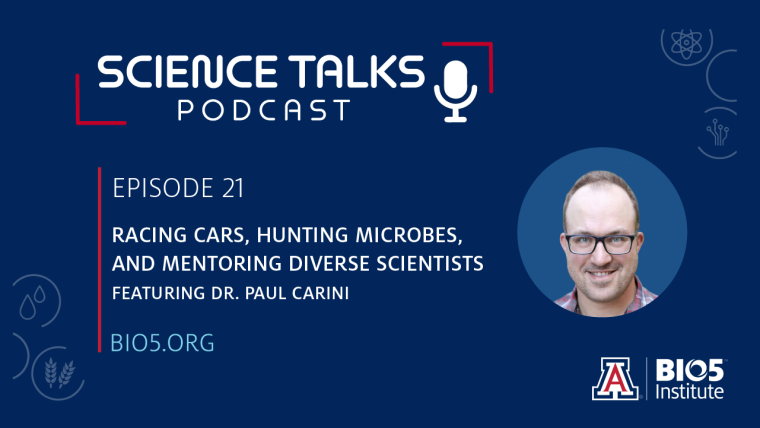 Science Talks Podcast with white microphone on a dark blue background, surrounded by white icons representing various science fields/tools