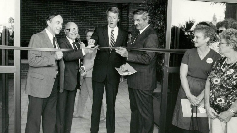 From left: Sydney E. Salmon, MD; University of Arizona President Henry Koffler; Arizona Gov. Bruce Babbit and Vincent Fulginiti, MD