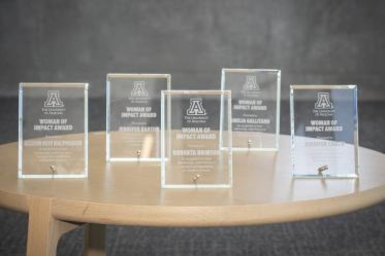 Women of Impact trophies lined up