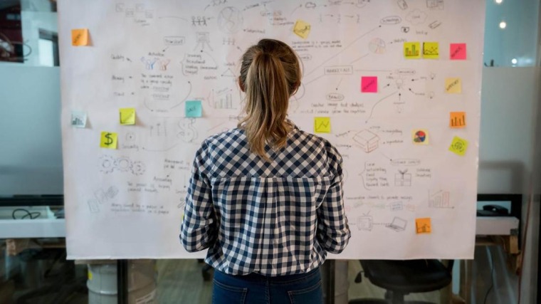 Woman looking at a whiteboard with notes on it.