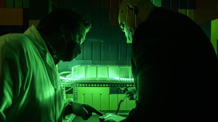Two researchers working in a dim lab with a green light illuminating them.