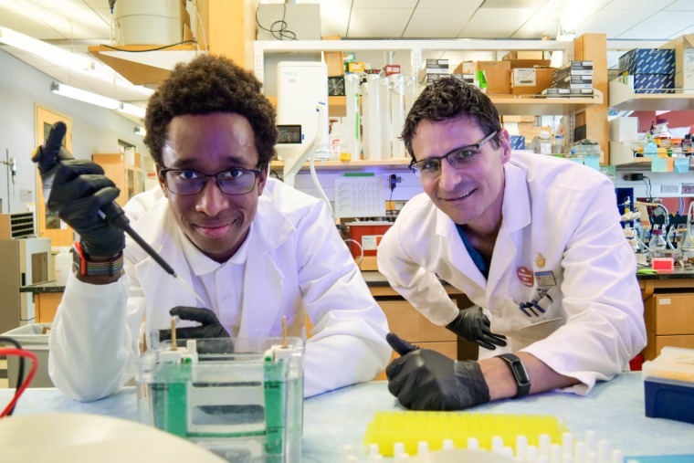 Young man holds pipette while Sam Campos, PhD looks on