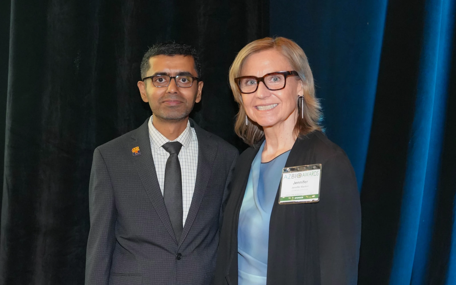 BIO5 Interim Director Vignesh Subbian and former BIO5 Director Dr. Jennifer Barton pose for a photo after Subbian received his award.