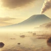 In this AI-generated illustration of Earth at the dawn of life, a distant volcano towers over shallow pools of water. It is possible the earliest life forms evolved in such environments.