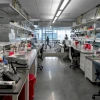 Interior of a modern laboratory with multiple workstations equipped with scientific instruments, computers, and laboratory supplies. Several chairs are positioned around the benches. Bright lighting and organized shelves are visible.