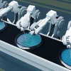 A line of robotic arms engaged in precision work on semiconductor wafers on an assembly line.