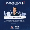 Promotional graphic for the "Science Talks" podcast, featuring guest Travis Wheeler discussing "Computational Biology and AI: From Puzzles to Precision Medicine" on Episode 66. Includes University of Arizona and BIO5 Institute logos.